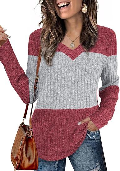 Womens Tops Fall Fashion Sweatshirts for Women V Neck Long Sleeve Sweaters Lightweight Dressy Casual Pullover (X-Large, Red)