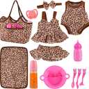BABESIDE 13Pcs Baby Doll Clothes and Accessories for 10-12 inch Dolls, Baby Doll Feeding and Care Set with Carry Bag, Bottles, Tableware, Baby Doll Outfit for Newborn Doll Girl (Leopard Pattern)
