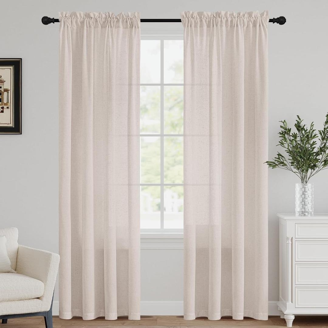 FantasDecor Natural Linen Curtains 84 inch Long Rod Pocket Flax Linen Burlap Semi Sheer with Light Filtering Privacy Window Treatments for Living Room, W52 x L84, Natural