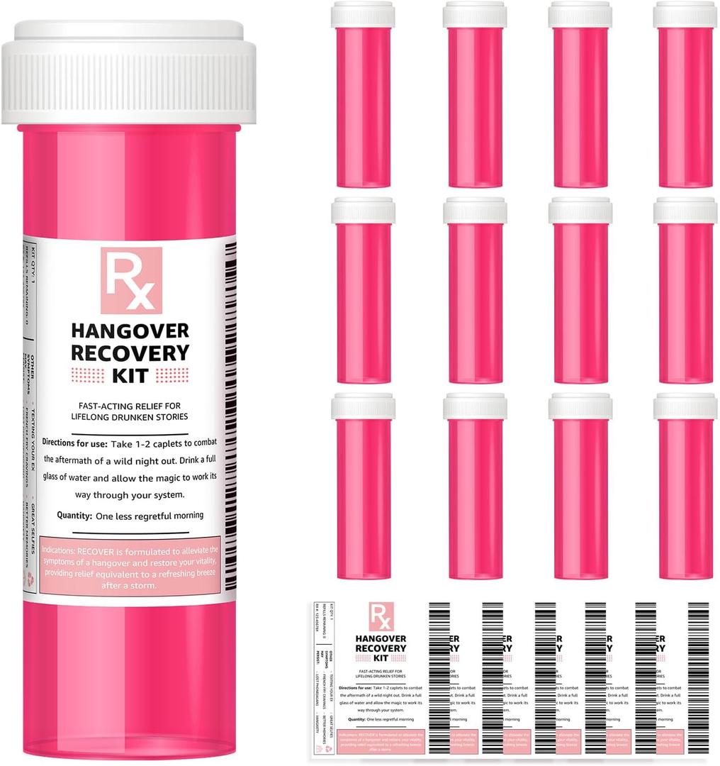 LOVEVOYAGE Bachelorette Party Favors - 12 Pack Pink Empty Pill Bottles, DIY Hangover Kit Supplies for 21st Birthday, Nashville Girls Trip, Bridal Shower & Wedding Guest Gifts