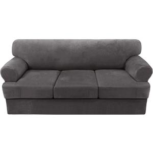 H.VERSAILTEX 4 Piece T Cushion Sofa Slipcovers Thick Velvet Stretch Couch Cover Furniture Protector for 3 Couch Covers with 3 Individual T Cushion Covers Washable, Grey