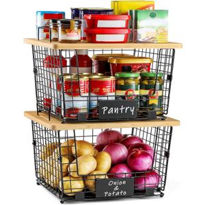 2 Set XXL Stackable Wire Basket with Bamboo Tops & Tag- Pantry Organizer and Storage Bins, Kitchen Counter Cabinet Shelf Countertop Under Sink Organizing, Food Snack Produce Onion Potato Bread Storage