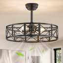 23 Inch Fandelier Caged Ceiling Fans with Lights and Remote, Black Bladeless Ceiling Fan with 6 Speeds and Timing, Farmhouse Samll Fan Lights Ceiling Fixtures for Kitchen, Bedroom-Black
