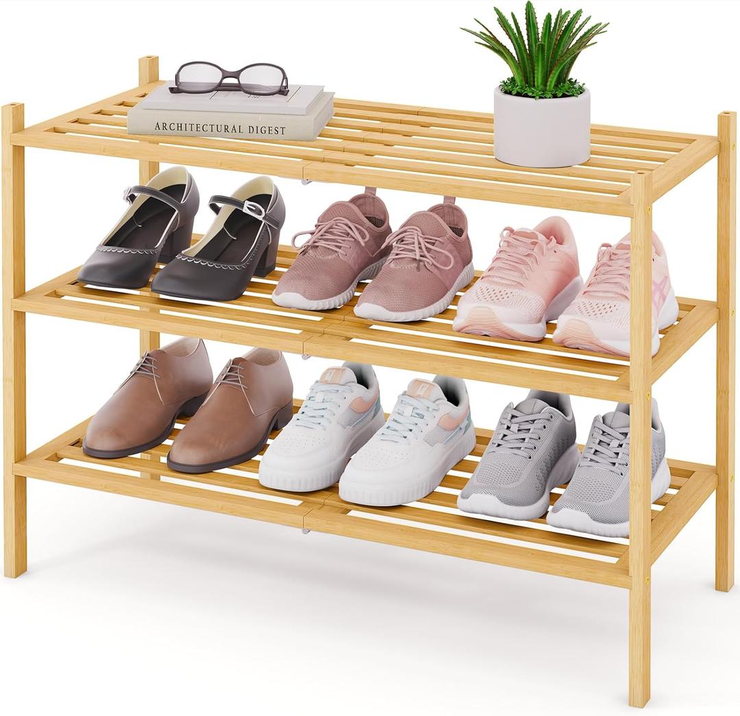 Smiry Bamboo Shoe Rack 3-Tier, Stackable Wooden Shoe Organizer for Entryway & Closet, Free Standing Wood Shoe Storage Shelf for Front Door & Small Spaces, Natural, 3 Tier-Regular
