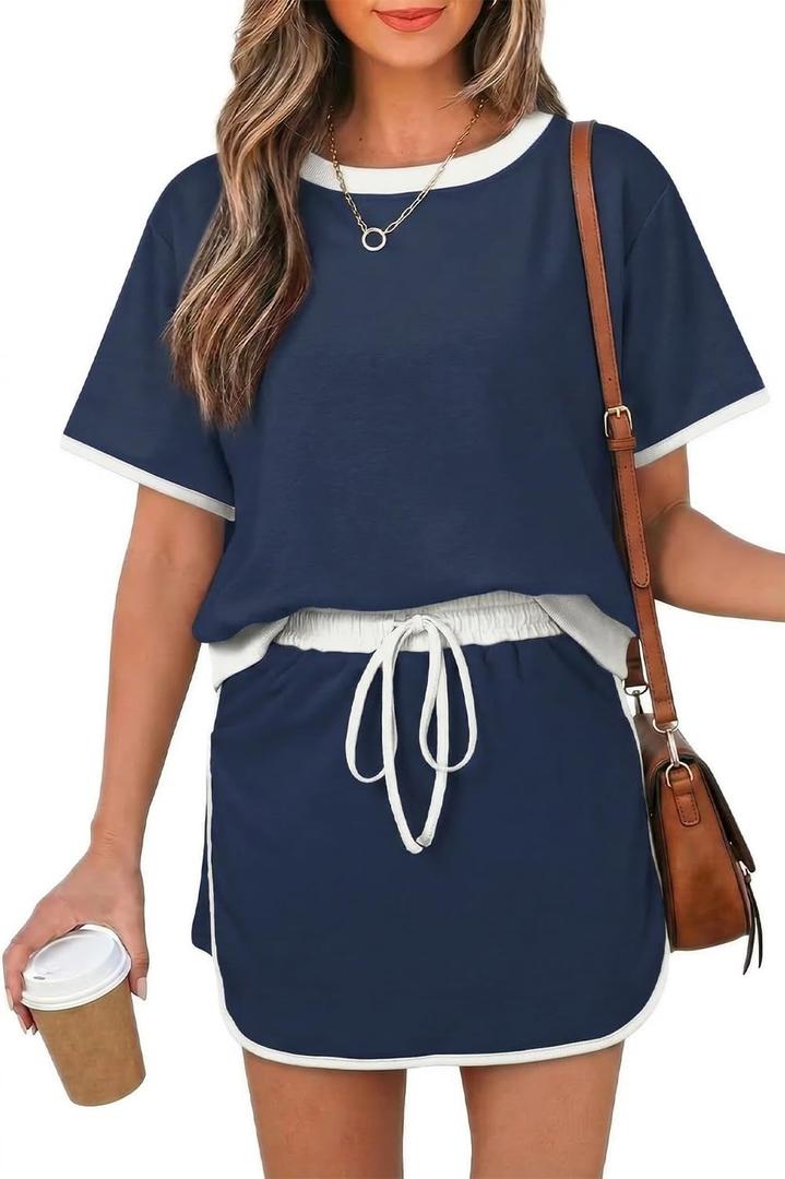 Opemiby Womens 2 Piece Skort Set 2026 Color Block Short Sleeve Top Drawstring Skort Matching Sets Casual Lounge Summer Outfit