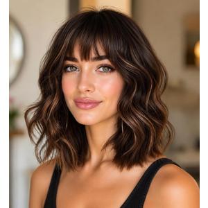 Brown Highlight Wig with Bangs for Women Short Wavy Curly Brown Bob Wigs Medium Length 14 inch Synthetic Hair for Daily Party Use (Brown Mix Blonde)