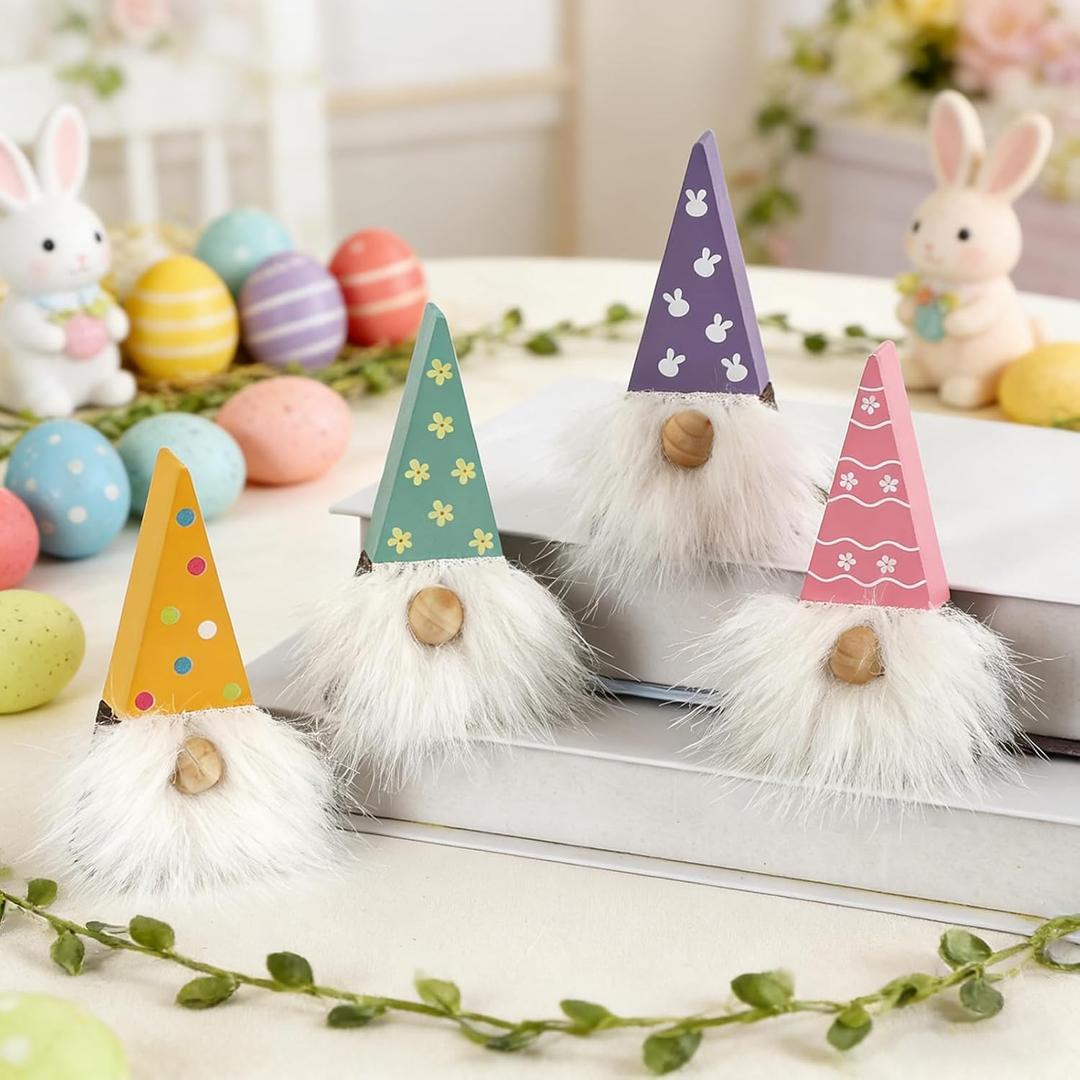 2 x DAZONGE Easter Decorations, Easter Gnome Decor, 4PCS Wooden Spring Gnomes with Faux Fur Beards, Cute Gnome Figurines for Tiered Tray Mantel Shelf Table