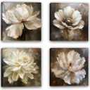 ChaudArt 4 Pieces Peony Flower Canvas Wall Art Peonies Floral Pictures Set Abstract White Blossom Paintings for Bedroom Living Room Home Office Decor