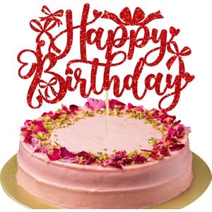 Gyufise 1Pcs Bow Happy Birthday Cake Topper Glitter Coquette Cake Pick Decorations for Girls Women Birthday Theme Baby Shower Party Supplies Red