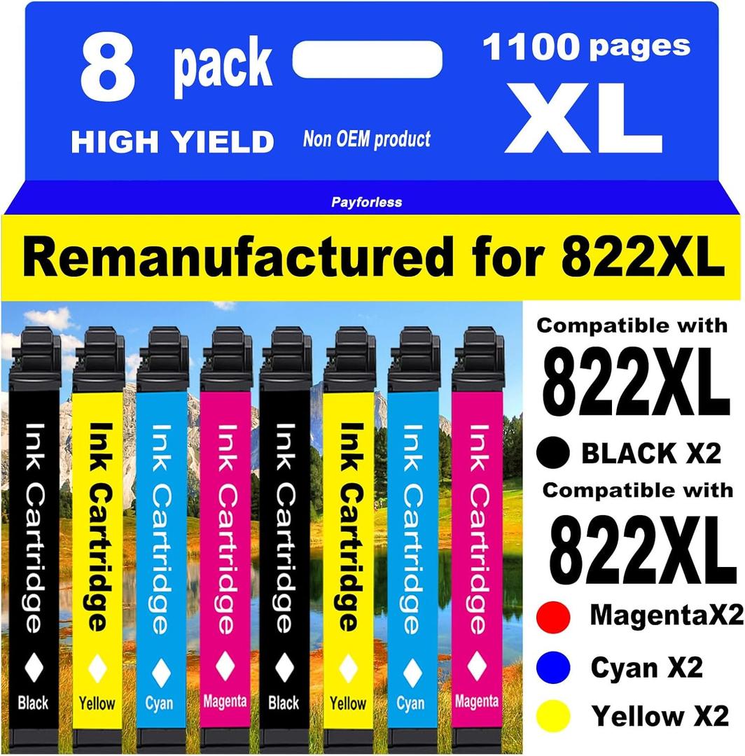 PayForLess for 822XL Remanufactured for Epson 822XL Ink Cartridges for 822 XL T822 Workforce Pro WF-3820 WF-3823 WF-4820 WF-4830 WF-4833 WF-4834 Printer 2 Black 2 Cyan 2 Magenta 2 Yellow 8 Pack