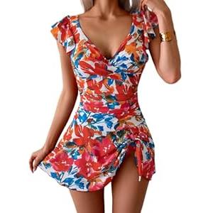 Aidonger One Piece Swimdress Tummy Control Ruffle Swimsuit for Women Tie Knot Swim Dresses V Neck Bathing Suit Skirt, XS