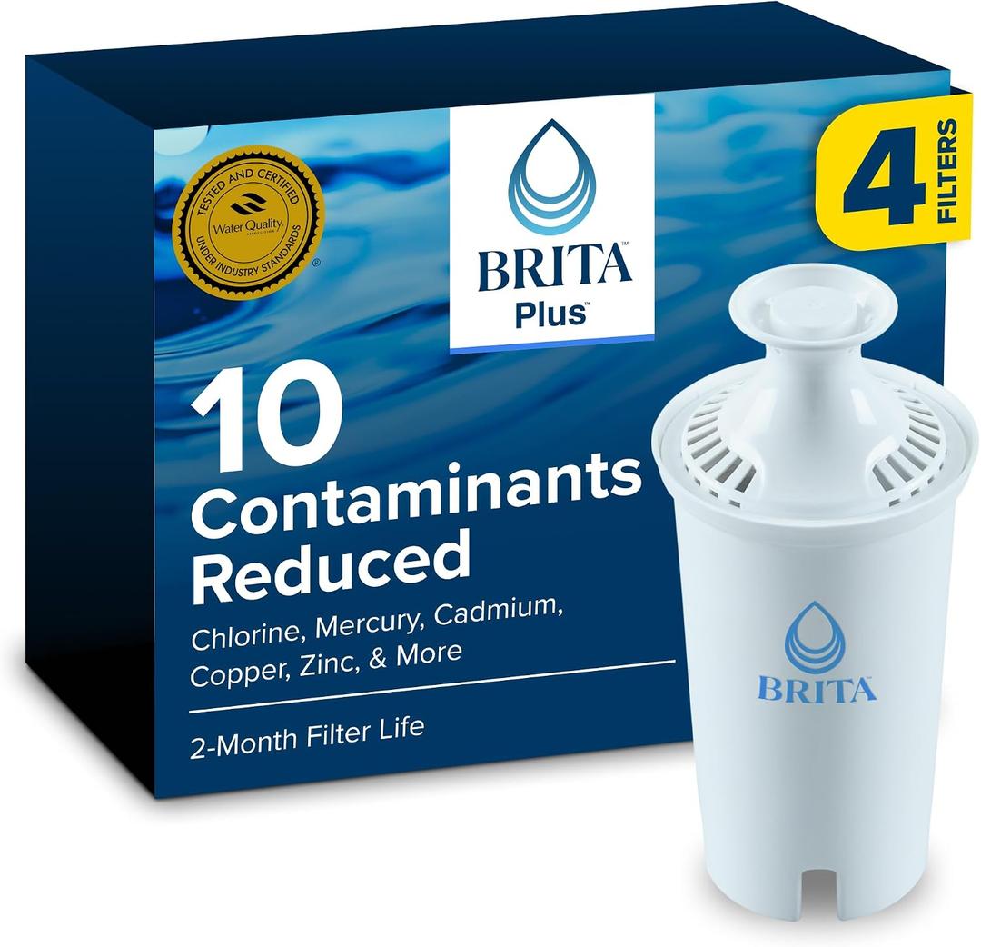 Brita Plus Water Filter, BPA-Free, High-Density Replacement Filter for Pitchers and Dispensers, Reduces 2x Contaminants*, Lasts Two Months or 40 Gallons, Includes 4 Filters
