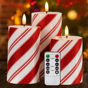 Red Glitter Striped LED Flameless Candles Set of 3, Battery Operated Real Wax Pillar Candles with Timer, Christmas Flickering Candles for Holiday Party Decoration (D3 x H4 5" 6")