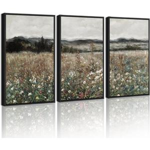 SHENIFY Vintage Landscape Framed Wall Art Meadow Flowers Farmhouse Decor Retro Classic Painting for Kitchen Living Room Bedroom Bathroom - 12x16in3pcs Black Framed