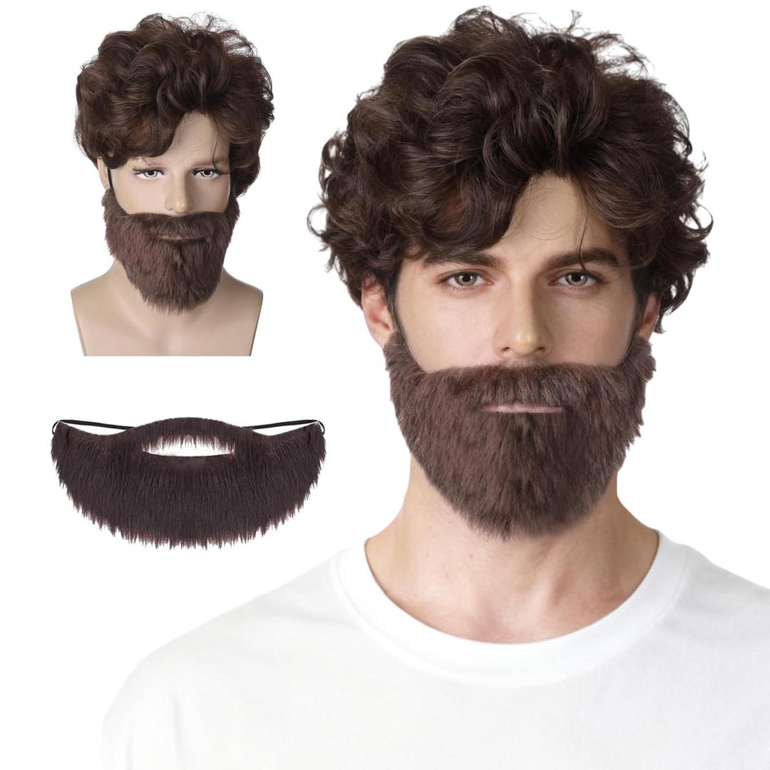 Mens Toupee Brown Curly Shaggy Costume Hippie Beard Halloween Wig