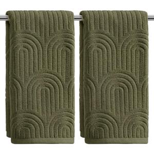 Artoid Mode 2 Pcs Olive Green 3D Arched Stripes Jacquard Hand Towels for Bathroom, 100% Cotton Soft Absorbent Bathroom Decor Towels, 13.7 x 29.5 Inch