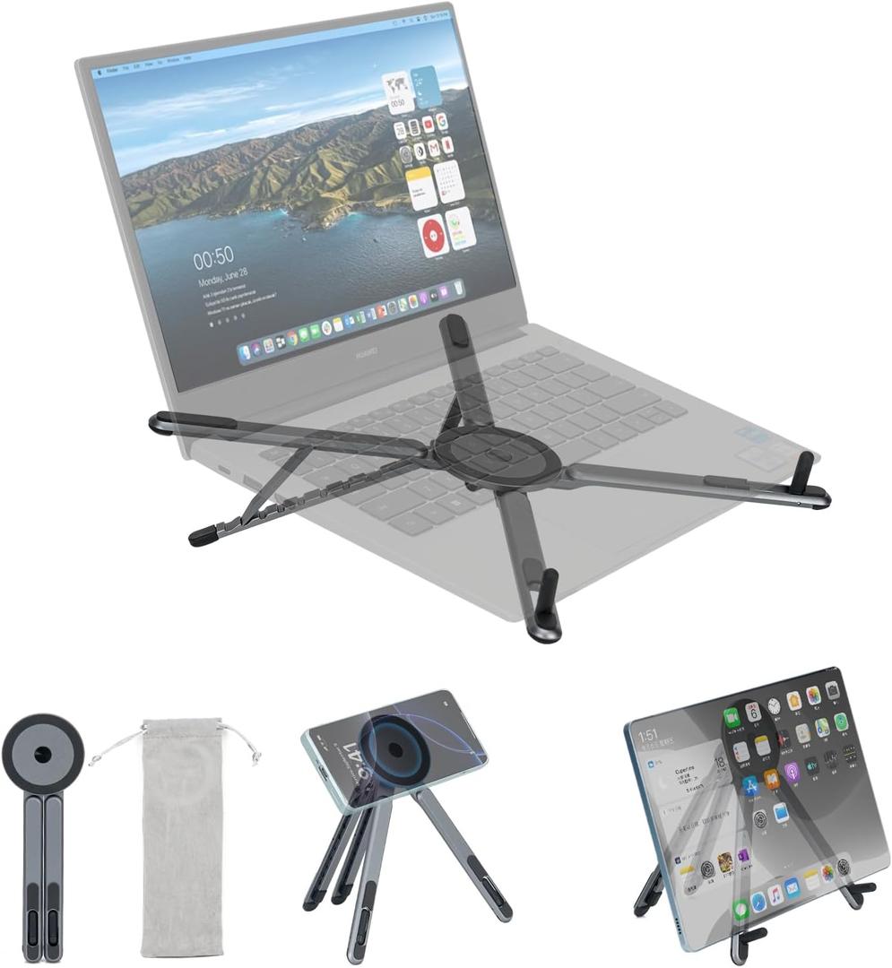 koolehaoda Portable Laptop Stand for Desk & Travel, CNC Aluminum Foldable Computer Riser Magnetic Grip Multi-Angle Support Stand for MagSafe,MacBook,iPhone,iPad, 416" Phones,Tablets and Laptops