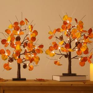 2 Pack Fall Tree with Lights, USB/Battery Powered Fall Eucalyptus Maple Tree, 2FT Lighted Autumn Tree Fall Decorations for Home, Thanksgiving Decorations for Tabletop Indoor Mantel Centerpieces, Timer