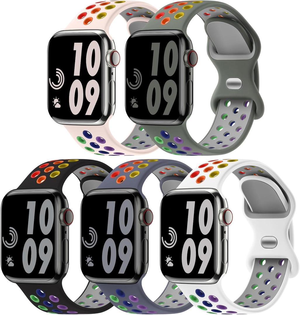 5 Pack Sport Bands Compatible with Apple Watch Band 44mm 45mm 46mm 42mm 41mm 40mm 38mm 49mm for Men Women, Breathable Silicone Wrist Strap for iWatch Series 10 9 SE 8 7 6 5 4 3 2 1 Ultra 2
