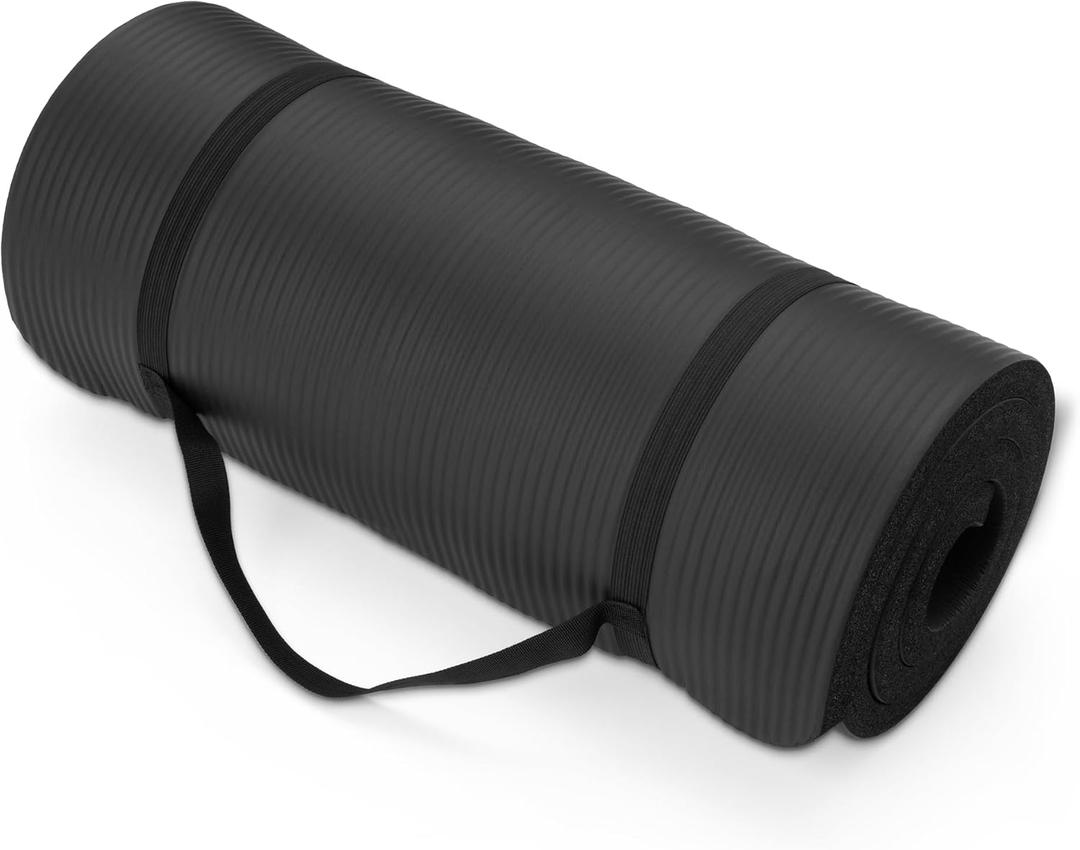 1-Inch Extra Thick Workout Exercise Yoga Mat with Carrying Strap, 74" x 24", Black