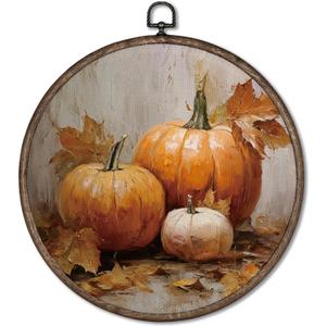 Giosve Vintage Rustic Fall Pumpkin Round Wall Art Canvas Framed Poster, Farmhouse Autumn Maple Leaf Pumpkin Hanging Wall Sculptures for Kitchen Home Living Room Bedroom Decor, 10x10 Inch
