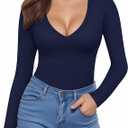 MANGOPOP Deep V Neck Long Sleeve Shirts for Women Sexy Slim Fitted T Shirt Tops, Deep Blue, XS