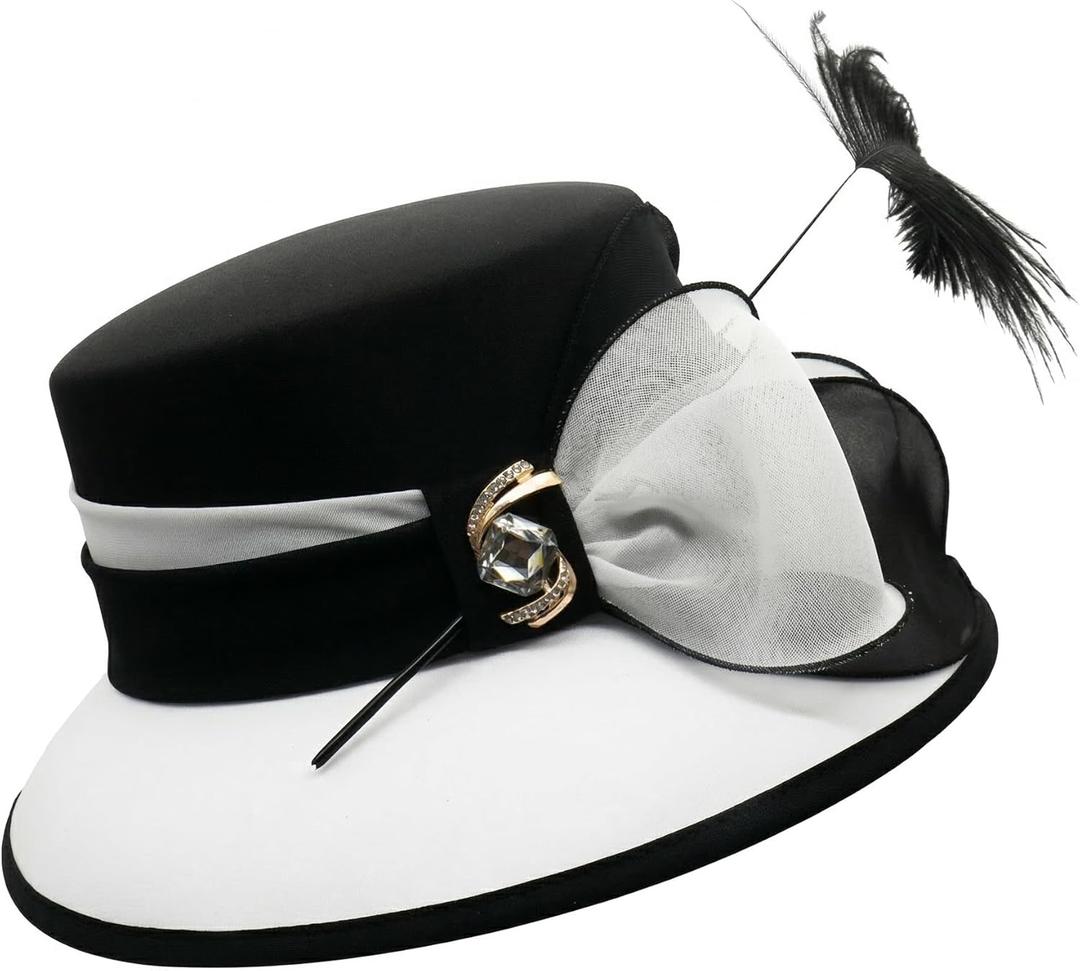 JUNE'S YOUNG Women Church Hats Formal Dress Derby Hats Elegant Bucket Hats (Black/white) Vintage 1920s Sunday Best Dress Hat with Feather & Floral Chiffon - Formal Wedding, Adjustable Fit