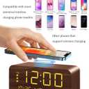 Digital Alarm Clock, with Wooden Electronic LED Time Display, 3 Alarm Settings, 10W Wireless charging, Day of the week, Temperature Detect, Wood Made Digital Clocks for Office, Bedroom, Bedside, Brown