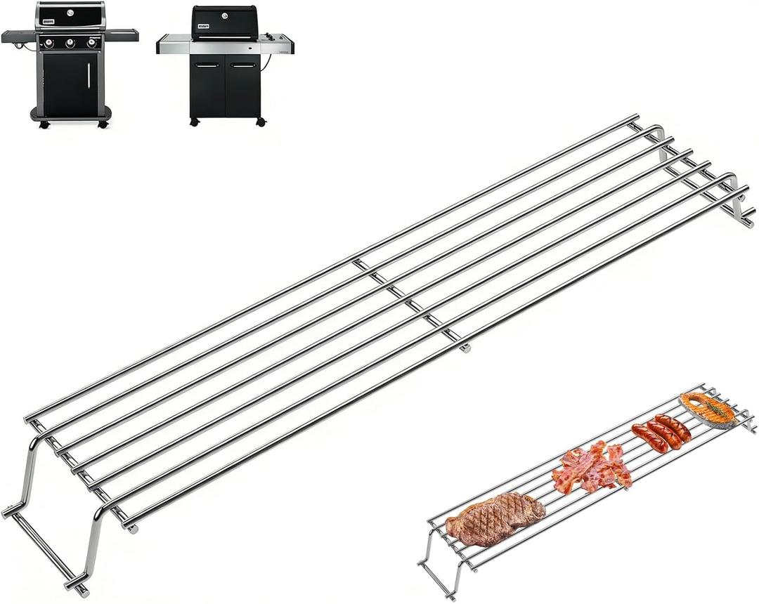 DcYourHome 7641 Warming Rack for Weber Spirit I & GS4 Spirit II 300 Series, Spirit E-310 E-315 E-320 E-335 SP310 Parts with Front Control Knobs, Genesis Silver Gold B/C, Stainless Steel 24 7/8 Inch