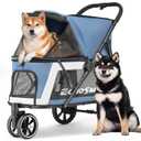 EchoSmile Dog Stroller for Medium & Small Dogs, Foldable Pet Stroller with 3 Wheels & Brakes, All-Terrain Cat Dog Carrier with Breathable Mesh, Safety Leash and Storage Pocket, Blue
