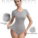 Mobeso Women's Round Neck Short Sleeve Bodysuit Double-Lined Body Suits Basic T-Shirt Tops for Women Grey XS (XS)