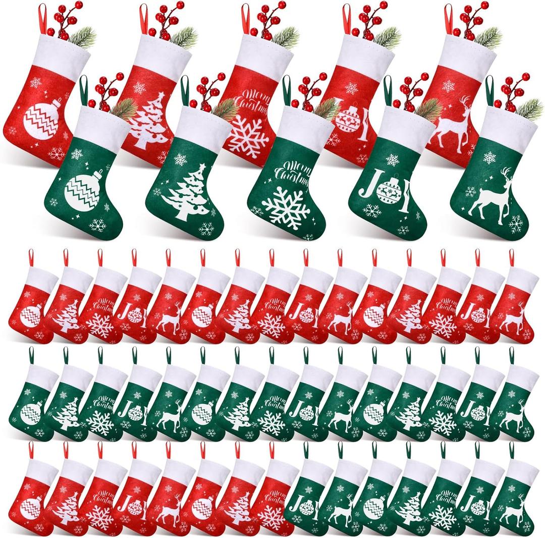 HooLing 50 Pcs 7 Inch Small Christmas Stockings Bulk Hanging Mini Stockings Ornaments Christmas Tree Decorations for Xmas Party Fireplace Holders(Green,Stylish)
