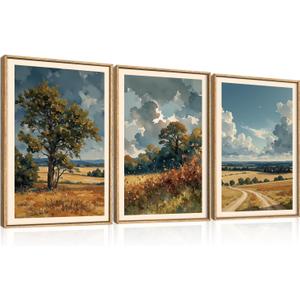 KAIRNE Framed Vintage Watercolor Landscape Wall Art Set of 3, Nature Country Scenery Art Prints, Rustic Farmhouse Wall Decor, Calming Pastoral Paintings for Living Room Bedroom Office, 16x24 Inch