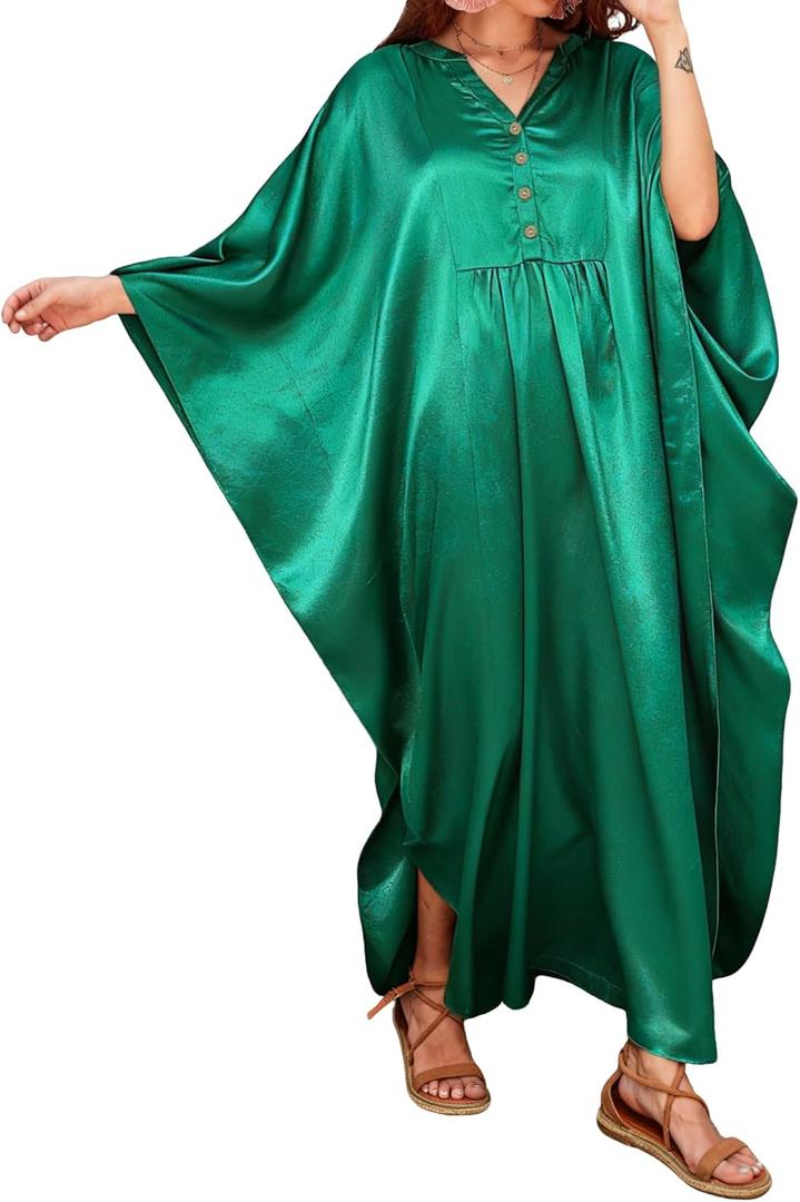 Bsubseach Women's Plus Size Kaftan Dresses Sparkly Glitter V Neck Swimsuit Coverup Beach Maxi Silky Caftans Loungewear (Green)