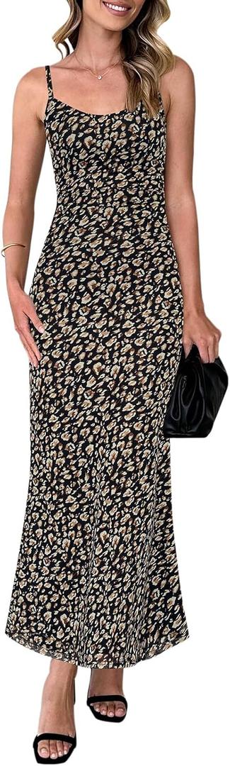 PRETTYGARDEN Womens Summer Dresses Spaghetti Strap Floral Maxi Dress Sleeveless Long Bodycon Dresses Wedding Guest Dress (XS)