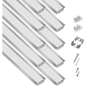 10-Pack 6.6ft/2Meter Silver Recessed LED Aluminum Channel for LED Strip Lights Diffuser Channel with Milky Cover End Caps and Mounting Clips, Flush Mounted LED Track for Ceiling Under Cabinet Closet
