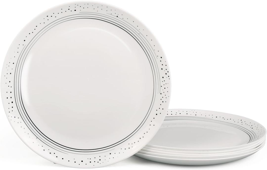 10.5 inch Dinner Plate Set of 6, Lightweight Round Opal Glass Dinnerware Plates, Dishwasher and Microwave Safe, Black Modern Speckled Design (Galaxy)