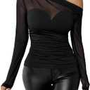 SweatyRocks Women's Off The Shoulder Sheer Mesh Long Sleeve Top Asymmetrical Neck Ruched Fitted Tees Shirt Tops (Black, L)