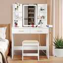 QUALIKRAFT Vanity Set with Lights and Stool, Vanity Desk with Mirror and LightsVanity Power Outlet,Vanity Desk with Drawers, White Vanity with Lighted MirrorDressing Table Set with 2 Large Drawers, 35.5 inches x 15.8 inches x 54 inches
