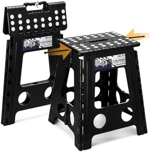 Delxo 16 Inch Folding Step Stool,Foldable Stool for Adults with Safety Lock,Portable Collapsible Plastic Stepstool,Non Slip Folding Stools for Kitchen Bathroom Bedroom Up to 400LBS,(Black 1PC)