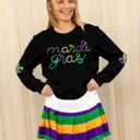 Womens Mardi Gras Shirt Stripes Fat Tuesday Tee Shirt Sequin New Orleans Carnival Party Long Sleeve Top (Black, XL)
