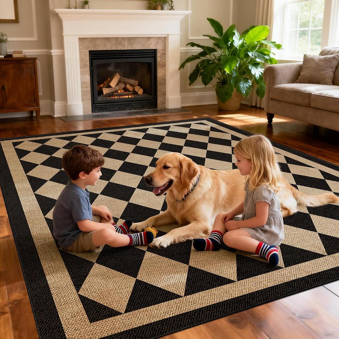 Washable Checkered Easy Jute Rug 8x10, Black Checkerboard Geometric Modern Outdoor Indoor Patio Large Rugs, Woven Thin Carpet Mat for Living Room Bedroom Classroom Nursery Play Room Backyard