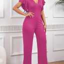 Jumpsuits for Women Casual Summer Rompers Deep V Neck Ruffle Short Sleeve Wide Leg Outfits for Women (Pink, XL)