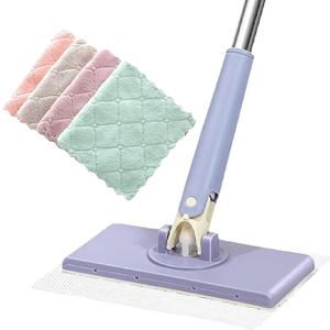 Clever Snap-Grip Mini Mop - Lazy Mop Click On , Wet/Dry Click Mops,Disposable Stain Mops with 4 Reusable Cloths (Purple-A)