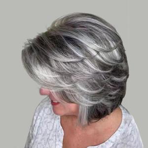 Aisaide Dark Gray Layered Bob Wig with Curtain Bangs, Short Highlight Gray Ombre, Wavy Grey Bob Pixie Cut, Synthetic Black and Grey Wigs for White Women 1B/GREY