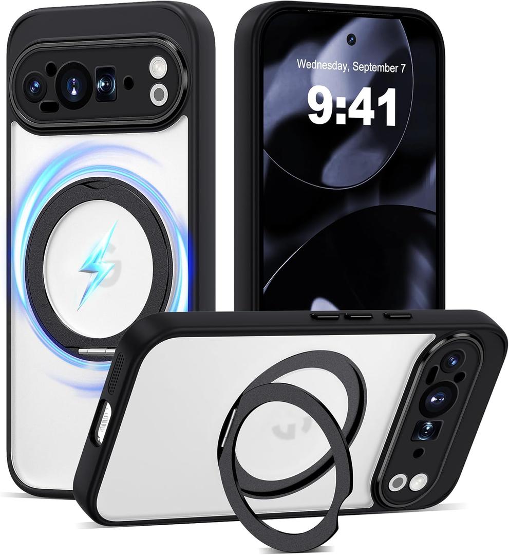 Compatible with Google Pixel 9 Pro XL Case with 360 Magnetic Ring Stand [Compatible with Mag-Safe ] Shockproof Translucent Phone Case for Google Pixel 9 Pro XL 6.8 inches,Black
