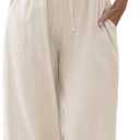 Faleave Women's Cotton Linen Summer Palazzo Pants Flowy Wide Leg Beach Trousers with Pockets, S