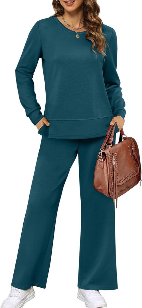 XIEERDUO Women's 2 Piece Lounge Sets Side Slit Outfits Wide Leg Tracksuit Comfy Loungewear Fashion Sweatsuit Small (Teal)