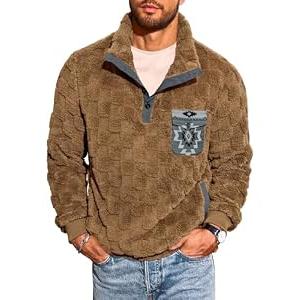 Yousify Mens Fuzzy Sherpa Sweatshirt Flannel Fleece Pullover Jacket Casual Quarter Button Aztec Coat Western Sweaters