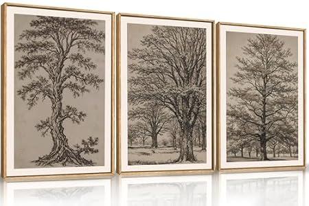 HOURIA Vintage Tree Sketch Framed Canvas Wall Art Set,Natural Brown and Gray Woodland Wall Decor,Mid Century Nature Forest Artwork,Textured Botanical Art Print for Living Room,Bedroom,Office-16"x24" x3